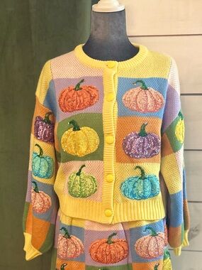 QUEEN OF SPARKLES Yellow colorblock Pumpkin cardigan